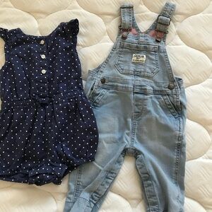 Gap Blue Polka Dot Romper and Light Blue Osh Kosh Overalls Set